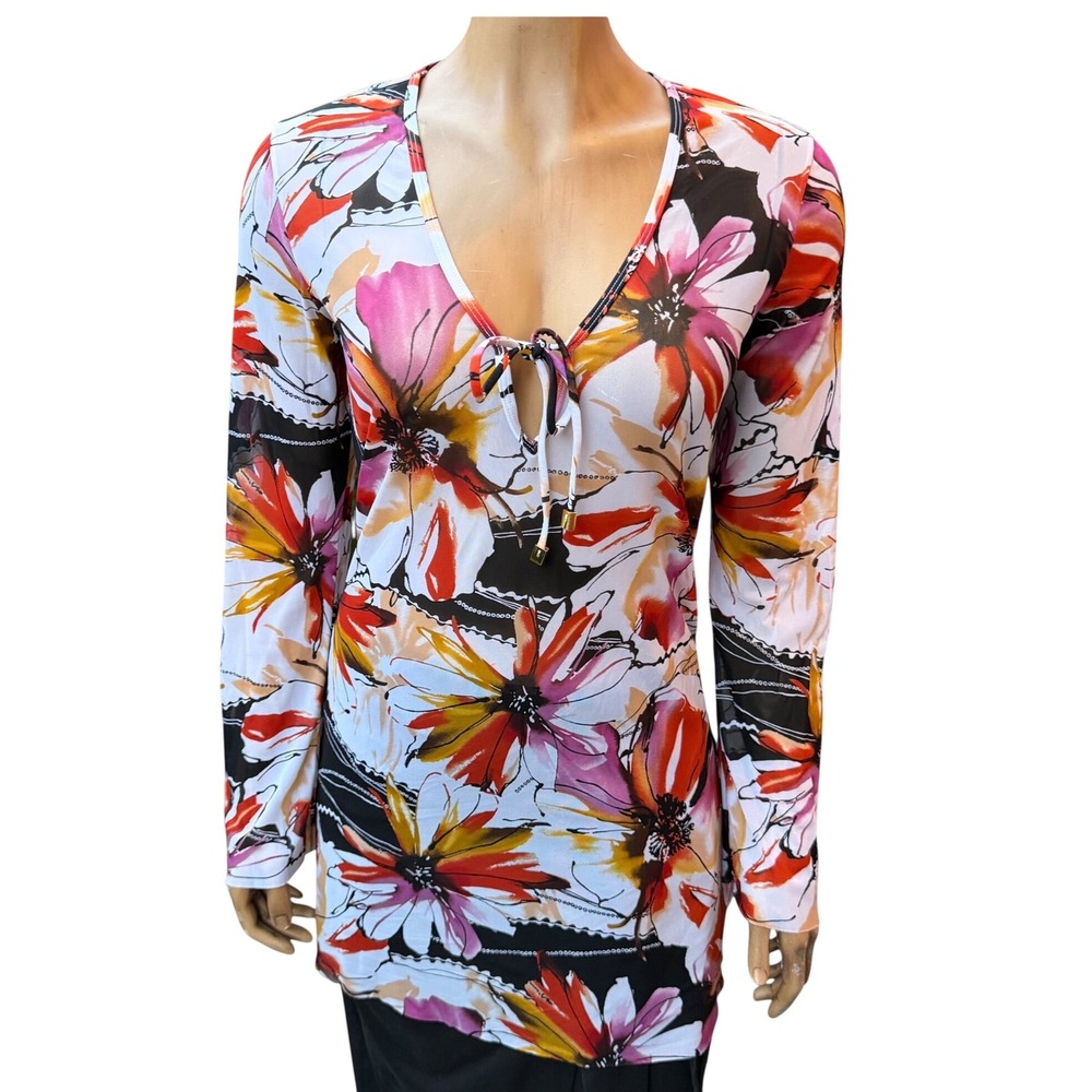 Floral Mesh Tunic Top Sheer V-Neck Bell Sleeve Dress Bohemian Y2K Whimsigoth M